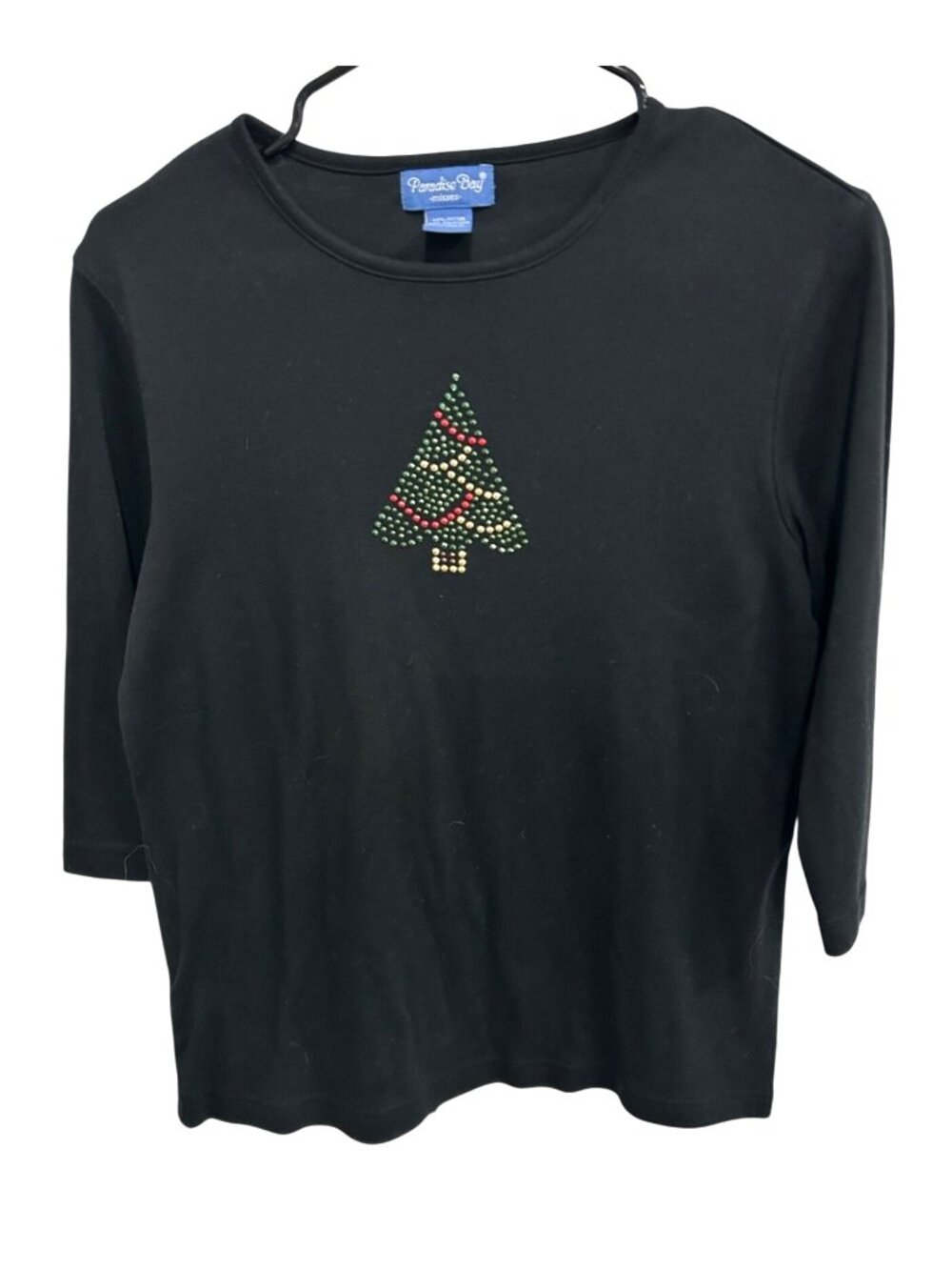 Paradise Bay Medium Black 3/4 Sleeve Top Rhinestone Christmas Tree Design Sz M